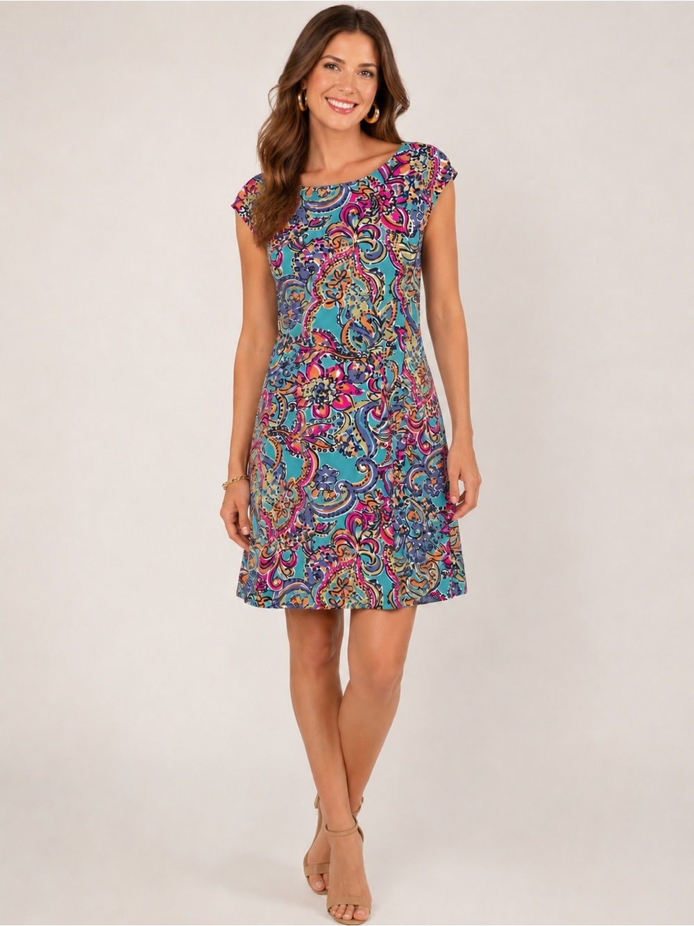 Lilly Pulitzer Multicolor Printed Shift Dress Size L Turquoise Pink Cap Sleeve